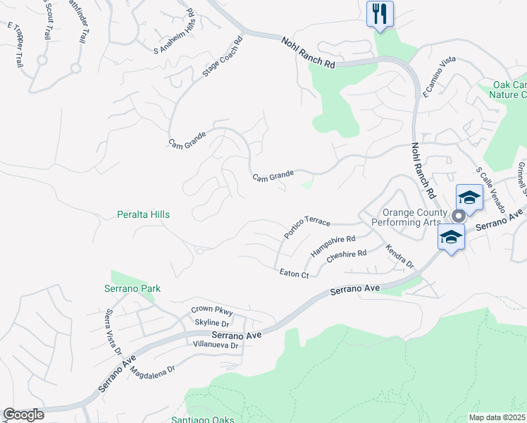 map of restaurants, bars, coffee shops, grocery stores, and more near 2583 Skytop Court in Orange