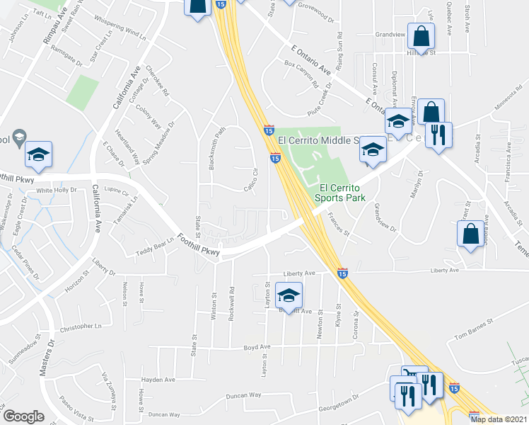 map of restaurants, bars, coffee shops, grocery stores, and more near 1893 Marquez Way in Corona