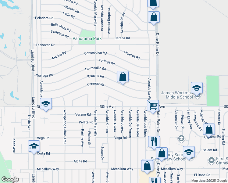 map of restaurants, bars, coffee shops, grocery stores, and more near 68715 Durango Road in Cathedral City