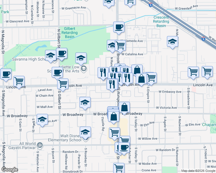 map of restaurants, bars, coffee shops, grocery stores, and more near 2230 West Lincoln Avenue in Anaheim
