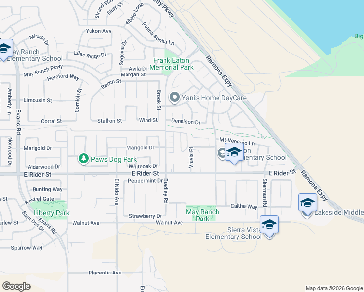 map of restaurants, bars, coffee shops, grocery stores, and more near 3329 Wind Chime Lane in Perris