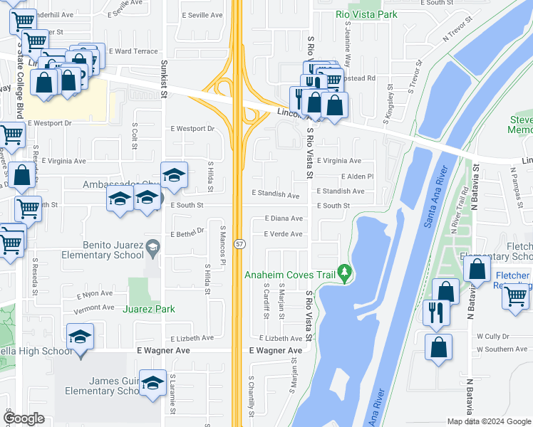 map of restaurants, bars, coffee shops, grocery stores, and more near 2733 East Diana Avenue in Anaheim