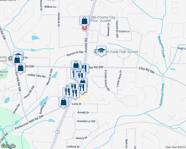 map of restaurants, bars, coffee shops, grocery stores, and more near 1920 Russton Drive in Mableton
