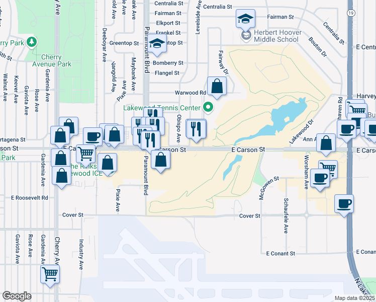 map of restaurants, bars, coffee shops, grocery stores, and more near 3198 East Carson Street in Lakewood