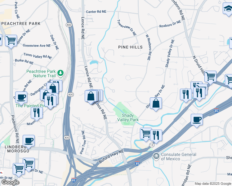 map of restaurants, bars, coffee shops, grocery stores, and more near 8 Vale Close Northeast in Atlanta