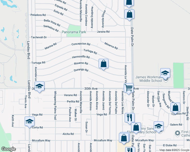 map of restaurants, bars, coffee shops, grocery stores, and more near 68705 Durango Road in Cathedral City