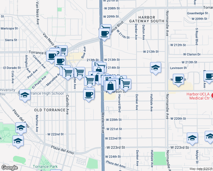 map of restaurants, bars, coffee shops, grocery stores, and more near 1654 West 216th Street in Torrance