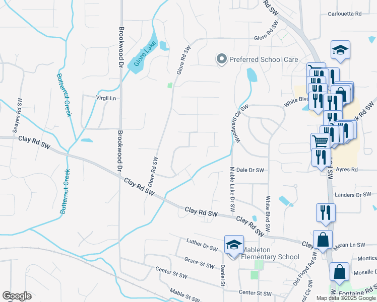 map of restaurants, bars, coffee shops, grocery stores, and more near 5272 Concord Ridge Drive Southwest in Mableton