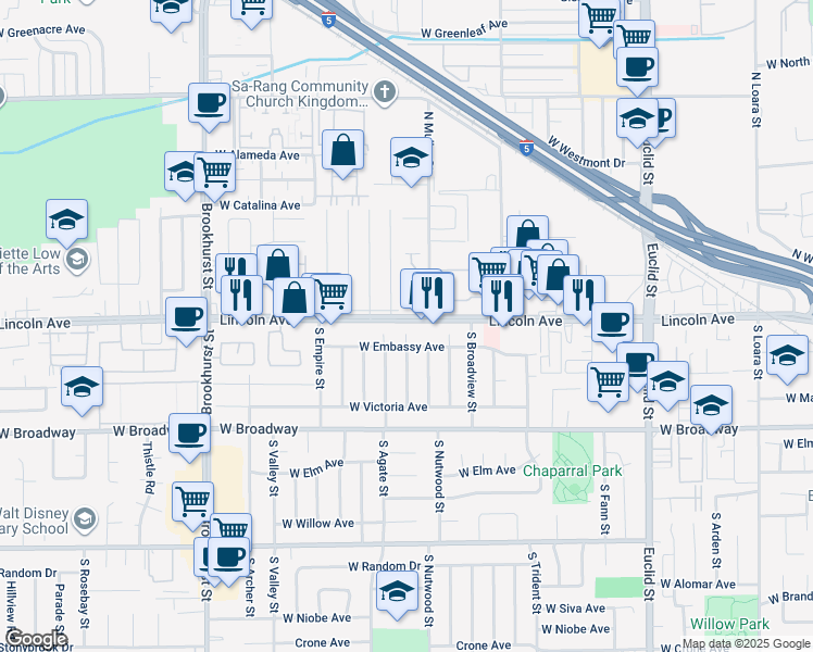 map of restaurants, bars, coffee shops, grocery stores, and more near 103 South Emerald Place in Anaheim