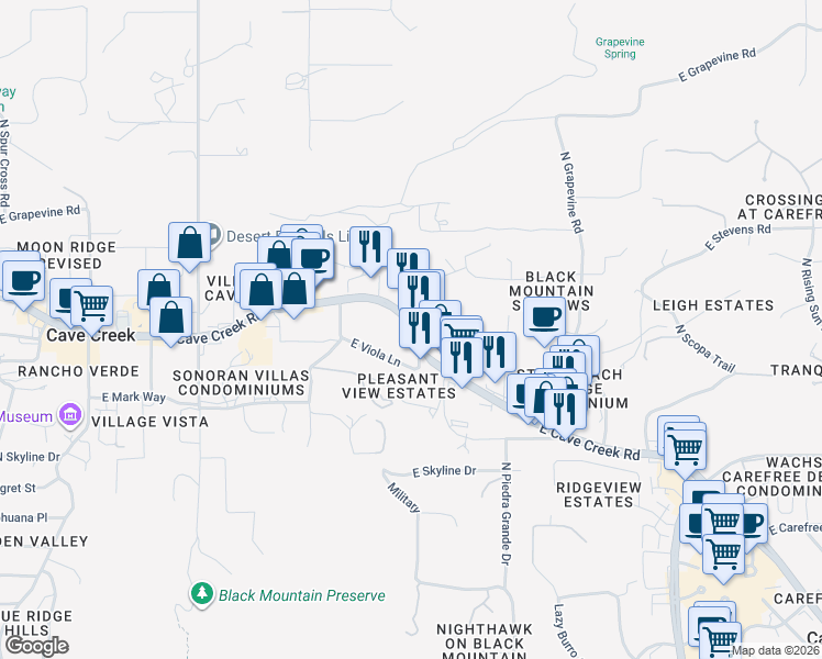 map of restaurants, bars, coffee shops, grocery stores, and more near 6781 East Cave Creek Road in Cave Creek