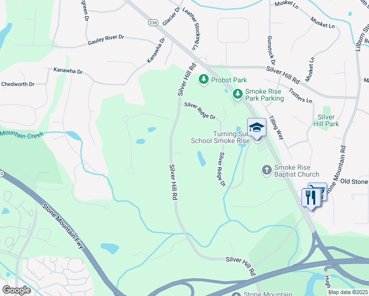 map of restaurants, bars, coffee shops, grocery stores, and more near 5460 Lichenhearth Court in Stone Mountain