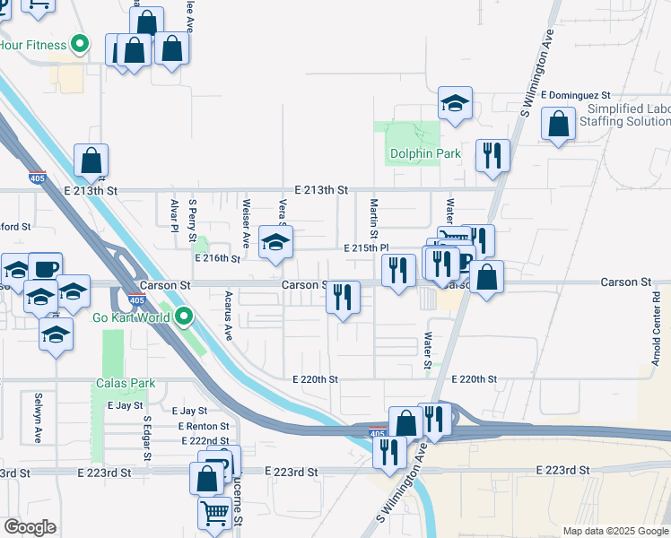 map of restaurants, bars, coffee shops, grocery stores, and more near 1501 East Carson Street in Carson