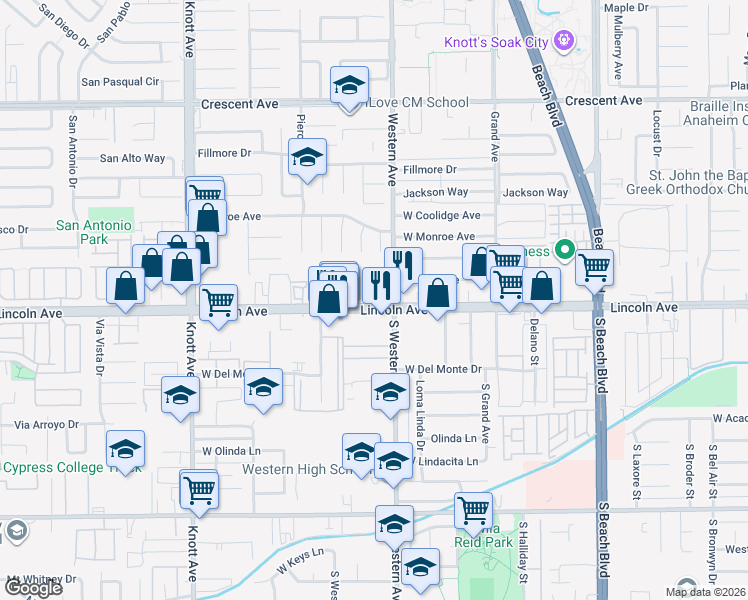 map of restaurants, bars, coffee shops, grocery stores, and more near 3223 West Lincoln Avenue in Anaheim