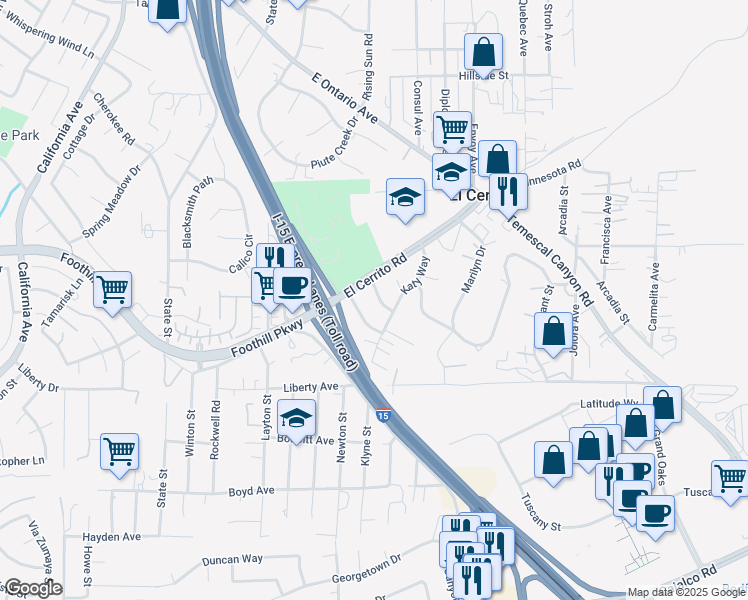 map of restaurants, bars, coffee shops, grocery stores, and more near 19789 Evelyn Street in Corona
