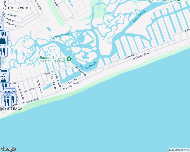 map of restaurants, bars, coffee shops, grocery stores, and more near 4006 North Ocean Boulevard in North Myrtle Beach