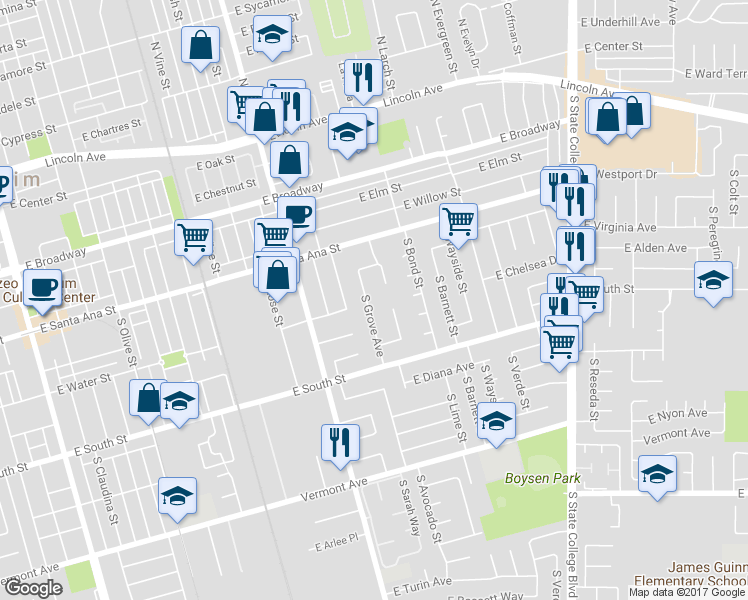 map of restaurants, bars, coffee shops, grocery stores, and more near 568 South Grove Avenue in Anaheim