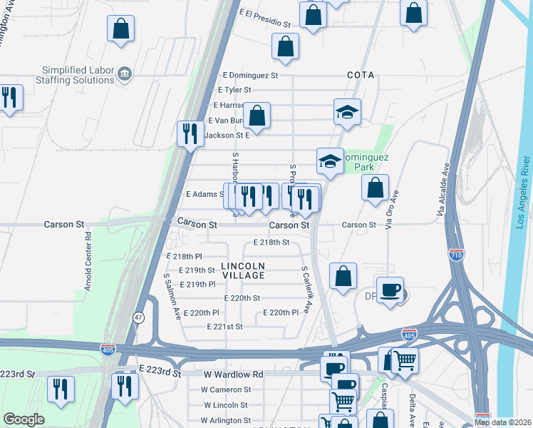 map of restaurants, bars, coffee shops, grocery stores, and more near 2642 East Washington Street in Carson