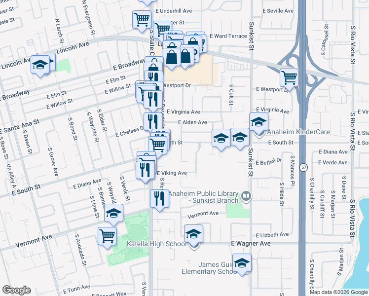 map of restaurants, bars, coffee shops, grocery stores, and more near 2216 East South Street in Anaheim
