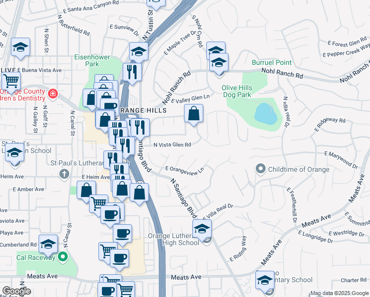 map of restaurants, bars, coffee shops, grocery stores, and more near 2246 East Vista Canyon Road in Orange