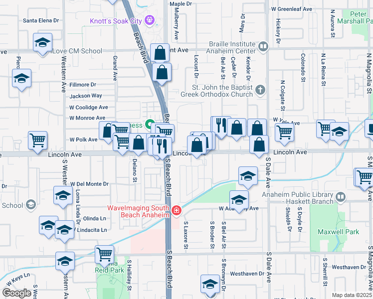 map of restaurants, bars, coffee shops, grocery stores, and more near 2955-2999 W Lincoln Ave in Anaheim