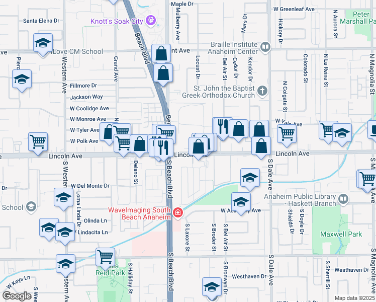 map of restaurants, bars, coffee shops, grocery stores, and more near 2961 West Lincoln Avenue in Anaheim
