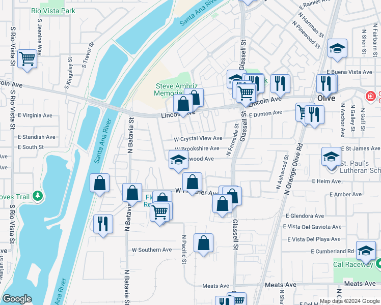map of restaurants, bars, coffee shops, grocery stores, and more near 414 West Brookshire Avenue in Orange