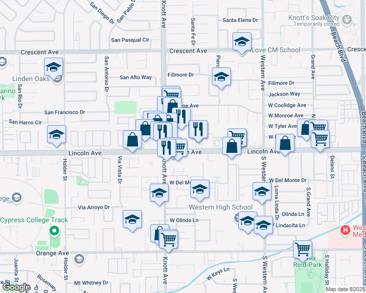 map of restaurants, bars, coffee shops, grocery stores, and more near 8998 Knott Avenue in Buena Park