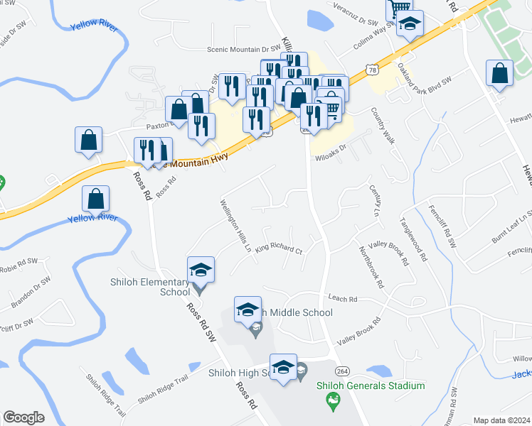 map of restaurants, bars, coffee shops, grocery stores, and more near 4134 Wellington Hills Court in Snellville