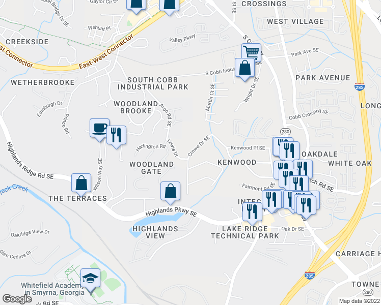 map of restaurants, bars, coffee shops, grocery stores, and more near 4968 Crowe Drive Southeast in Smyrna