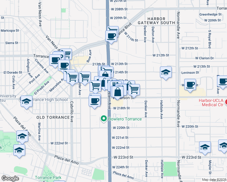 map of restaurants, bars, coffee shops, grocery stores, and more near 1654 West 216th Street in Torrance