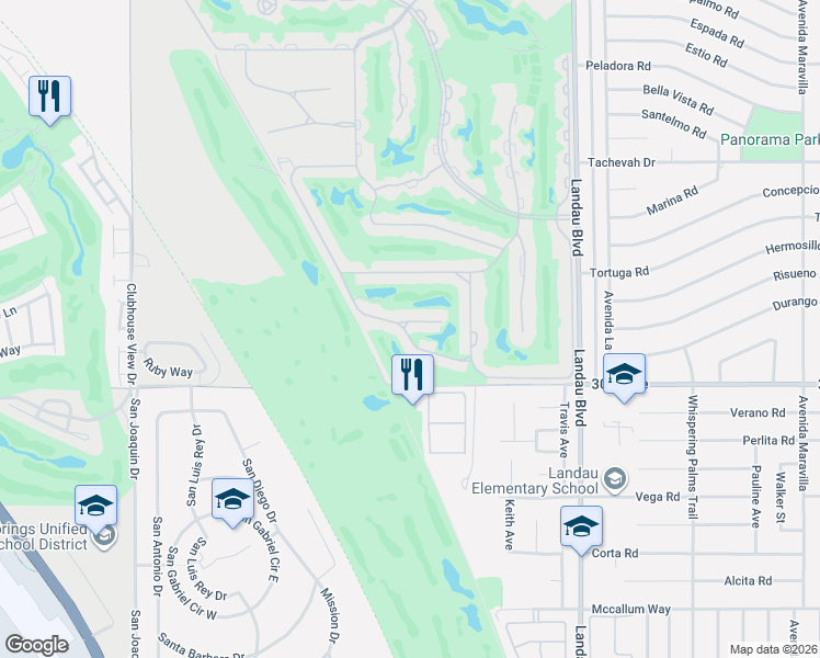 map of restaurants, bars, coffee shops, grocery stores, and more near 67613 Cielo Court in Cathedral City
