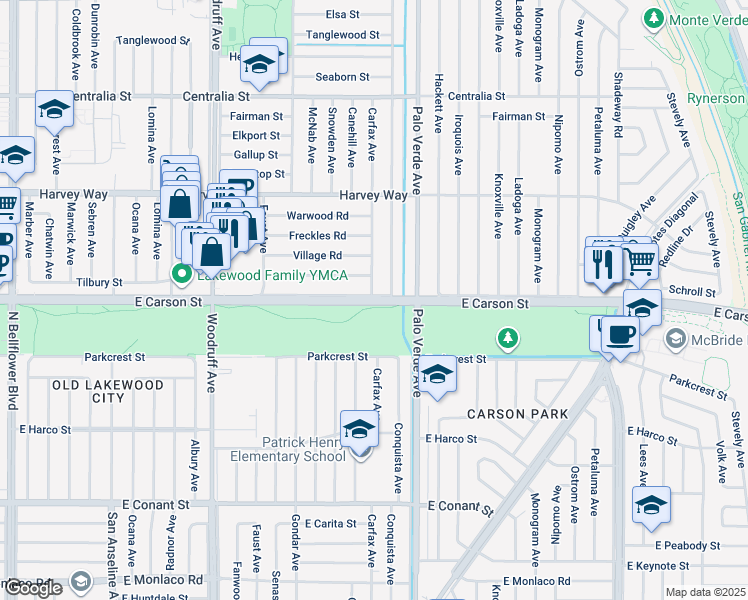 map of restaurants, bars, coffee shops, grocery stores, and more near Carson Street in Lakewood