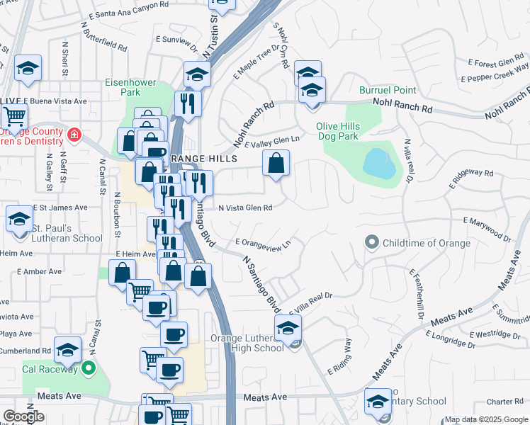 map of restaurants, bars, coffee shops, grocery stores, and more near 2246 East Vista Canyon Road in Orange