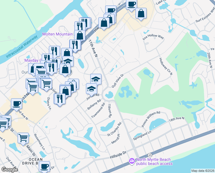 map of restaurants, bars, coffee shops, grocery stores, and more near 901 11th Avenue North in North Myrtle Beach
