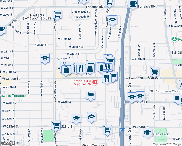 map of restaurants, bars, coffee shops, grocery stores, and more near 1001 West Carson Street in Torrance