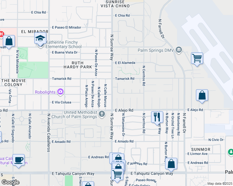 map of restaurants, bars, coffee shops, grocery stores, and more near 655 North Vía Acapulco in Palm Springs
