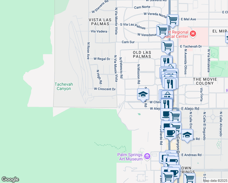 map of restaurants, bars, coffee shops, grocery stores, and more near 605 West Crescent Drive in Palm Springs