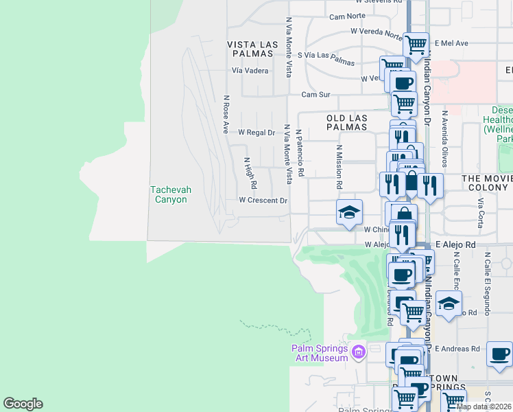 map of restaurants, bars, coffee shops, grocery stores, and more near 755 West Crescent Drive in Palm Springs