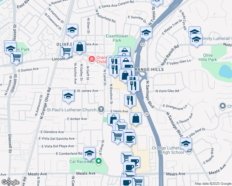 map of restaurants, bars, coffee shops, grocery stores, and more near 2627 North Bourbon Street in Orange