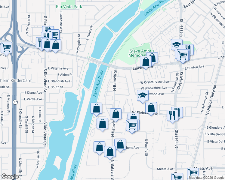 map of restaurants, bars, coffee shops, grocery stores, and more near 942 West White Water Way in Orange