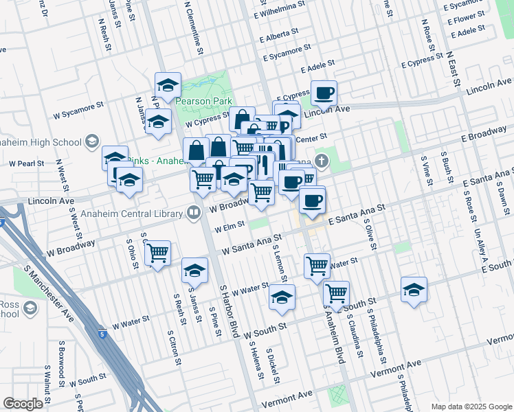 map of restaurants, bars, coffee shops, grocery stores, and more near 310 South Lemon Street in Anaheim