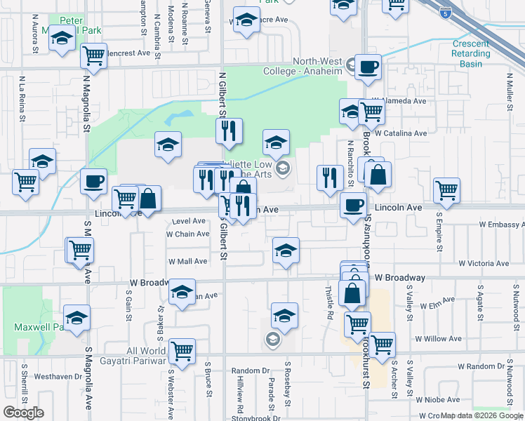 map of restaurants, bars, coffee shops, grocery stores, and more near 111 North Belinda Circle in Anaheim