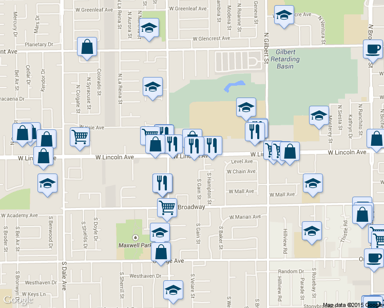 map of restaurants, bars, coffee shops, grocery stores, and more near 2535 West Lincoln Avenue in Anaheim