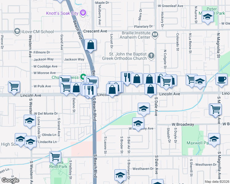 map of restaurants, bars, coffee shops, grocery stores, and more near 100 North Ridgeway Street in Anaheim