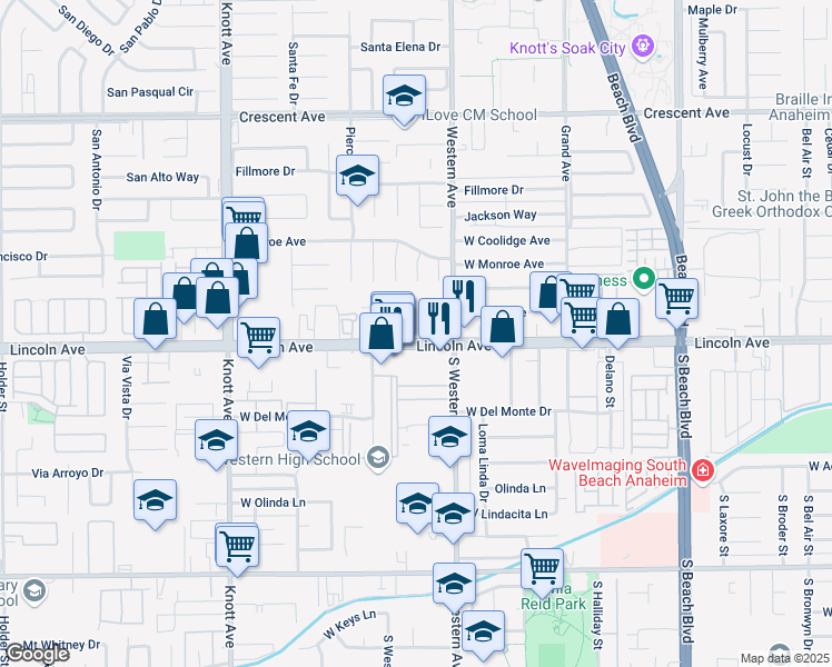 map of restaurants, bars, coffee shops, grocery stores, and more near 3231 West Lincoln Avenue in Anaheim