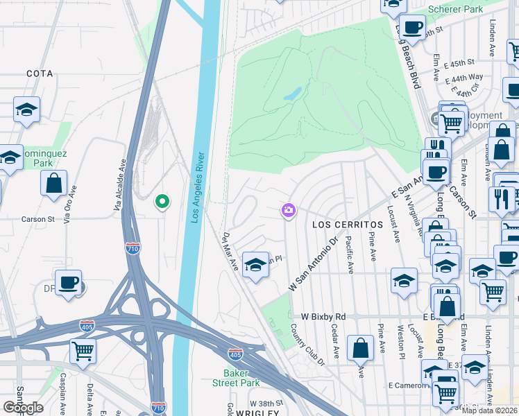 map of restaurants, bars, coffee shops, grocery stores, and more near 551 West Mesa Way in Long Beach