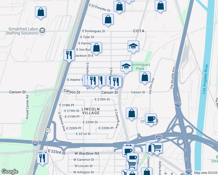 map of restaurants, bars, coffee shops, grocery stores, and more near 2707 East Washington Street in Long Beach