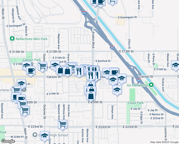 map of restaurants, bars, coffee shops, grocery stores, and more near 649 East Carson Street in Carson