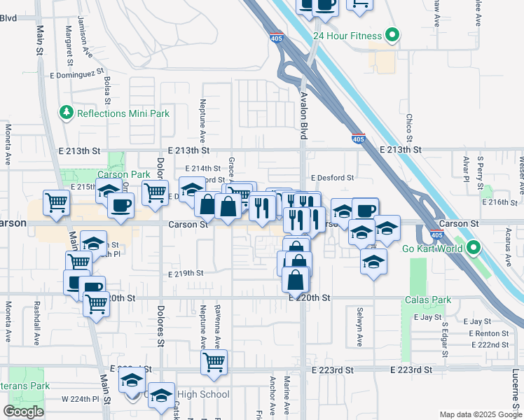 map of restaurants, bars, coffee shops, grocery stores, and more near 558 East Double Street in Carson