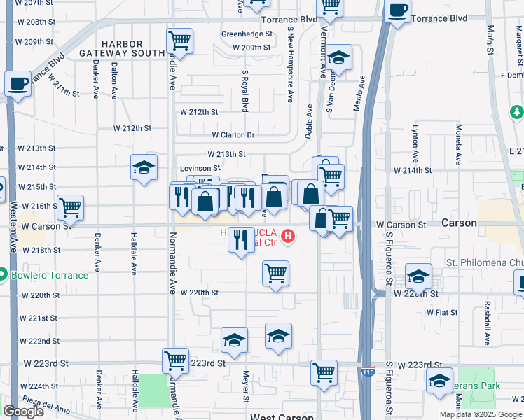 map of restaurants, bars, coffee shops, grocery stores, and more near 21531 Meyler Street in Torrance